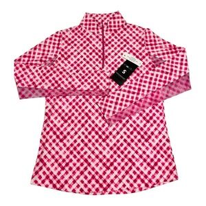IBKUL Pink/White Gingham Mock Zip Long Sleeve Top UPF 50‎ Small NWT